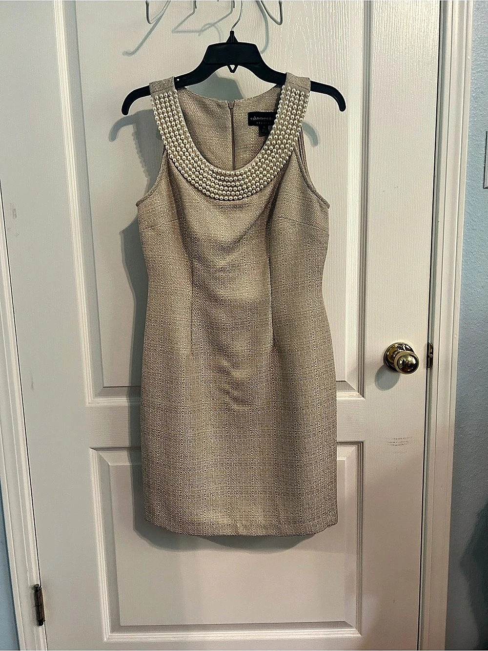Connected Apparel Beaded Neck Mini Dress in Beige Size 6 Like New